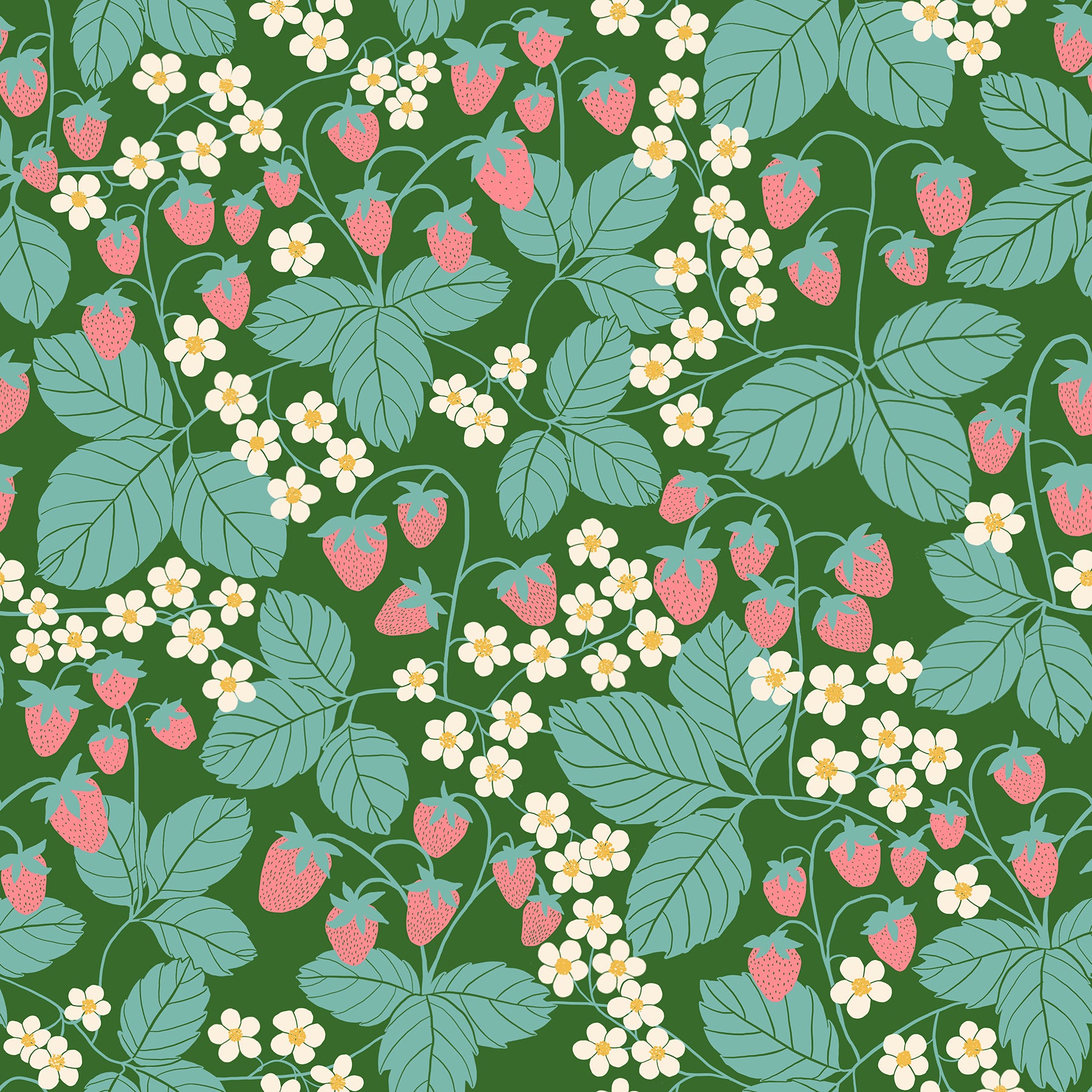 Reimagined Landscapes Fabric - Strawberry Field in Endpaper Green