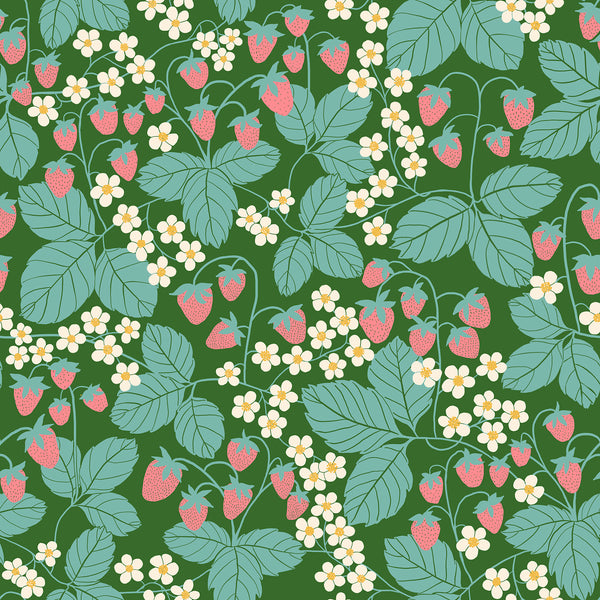 Reimagined Landscapes Fabric - Strawberry Field in Endpaper Green