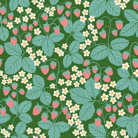 Reimagined Landscapes Fabric - Strawberry Field in Endpaper Green