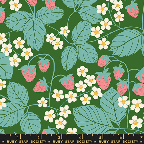 Reimagined Landscapes Fabric - Strawberry Field in Endpaper Green