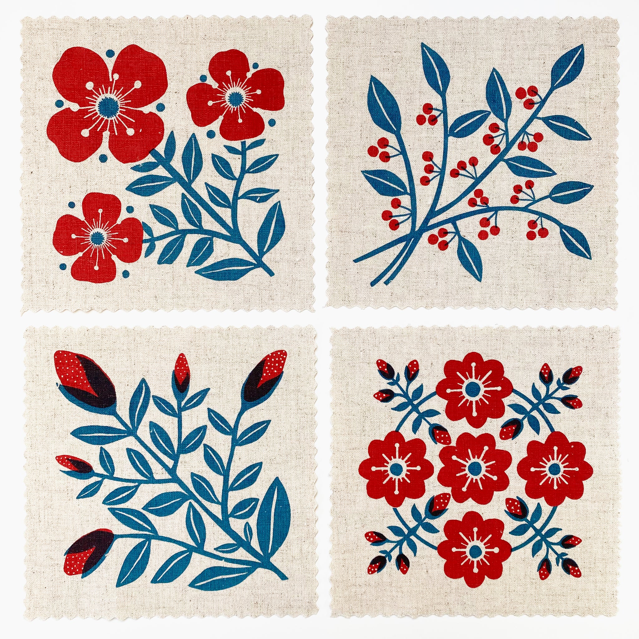Flower Blocks in Blue - Set of Four Screenprinted Linen Squares