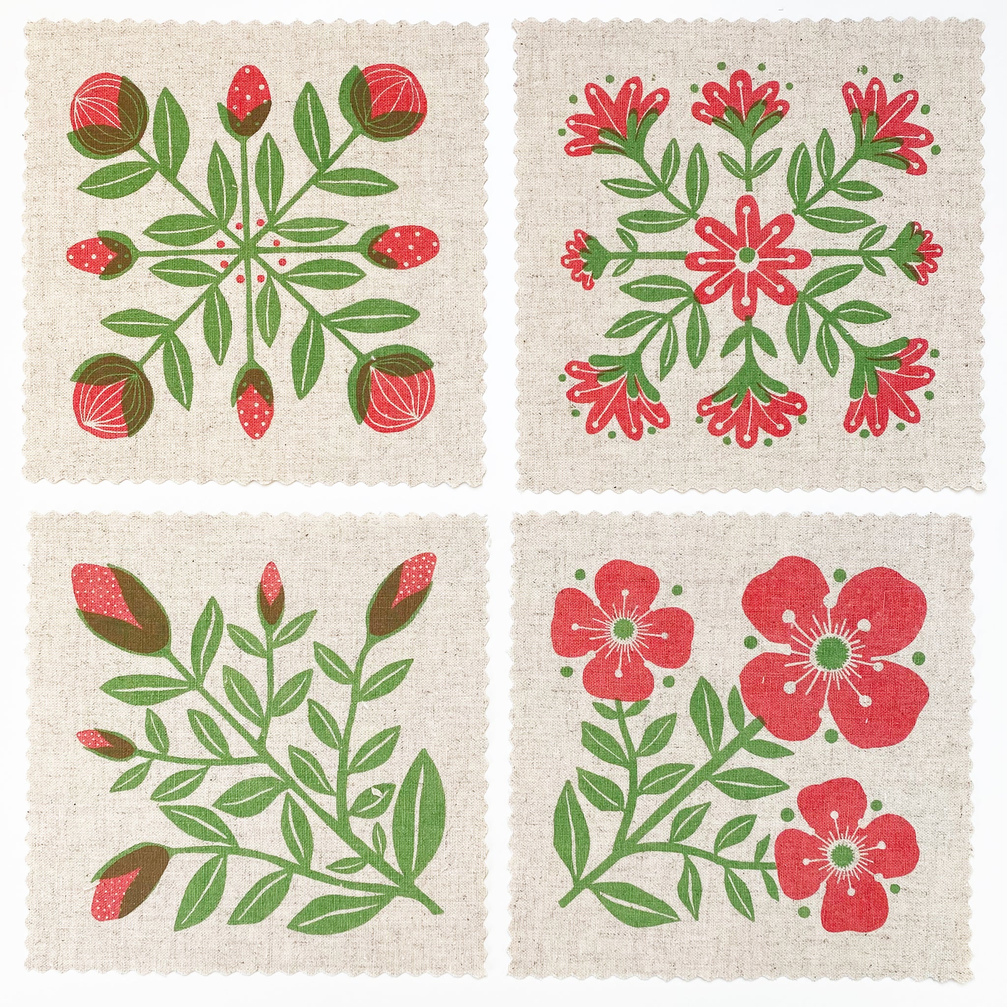 Flower Blocks in Green - Set of Four Screenprinted Linen Squares