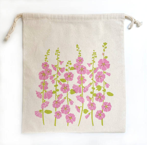 Hollyhocks in Pink - Screenprinted Drawstring Bag