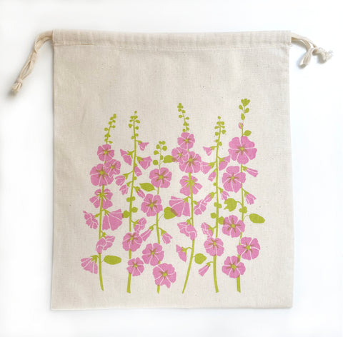 Hollyhocks in Pink - Screenprinted Drawstring Bag