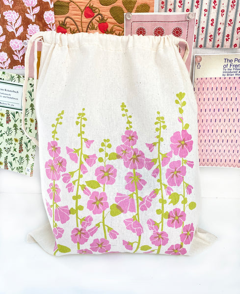 Hollyhocks in Pink - Screenprinted Drawstring Bag