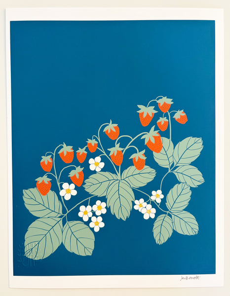 Strawberry Patch in Blue - 8.5 x 11 Print